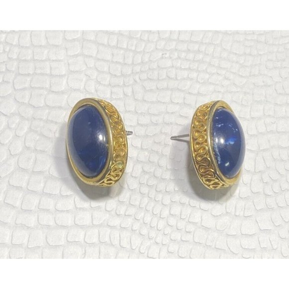 Vintage 1980's Liz Claiborne LCI ETRUSCAN Earrings Blue Gold Tone Clip On Oval - Picture 1 of 5